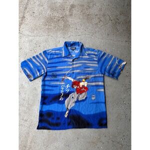 K.A.D. Clothing Co Mens Blue Anime Samurai Graphic Short Sleeve Button Up Polo L